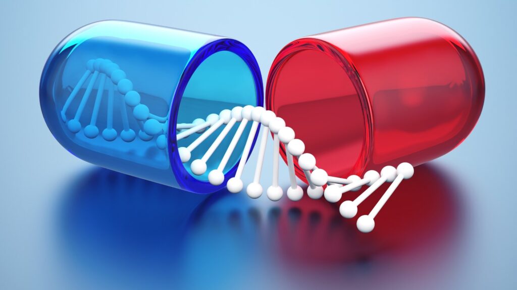 Image showing something along the lines of regenerative medicine with a DNA double helix in a broken pill capsule