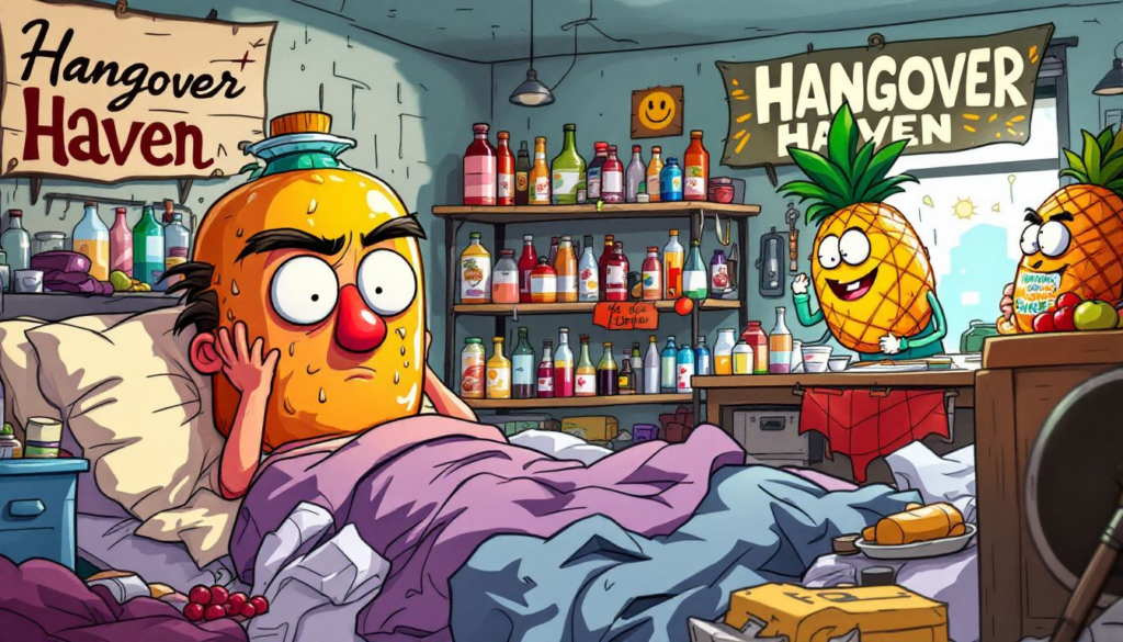 An embellished humorous image: A collection of various hangover remedies such as sports drinks and fruit juice.