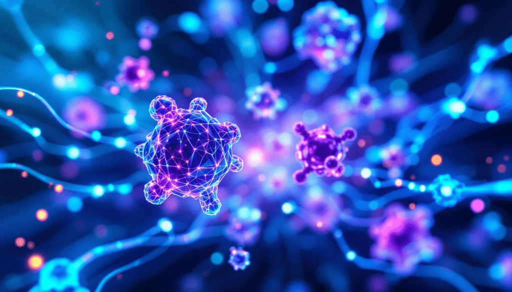 An abstract representation of ketamine molecules and brain activity related to depression treatment.