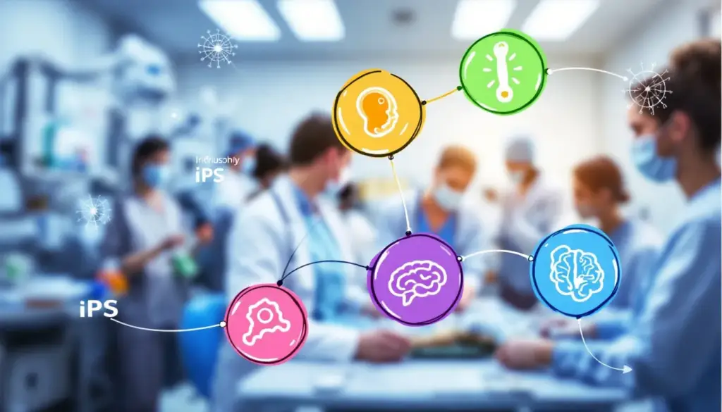 Different types of stem cells used in autism treatment, including a blurred view of a clinical setting.