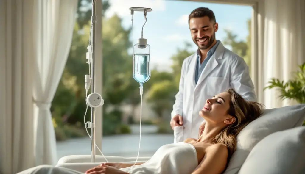 A healthcare professional administering IV therapy.